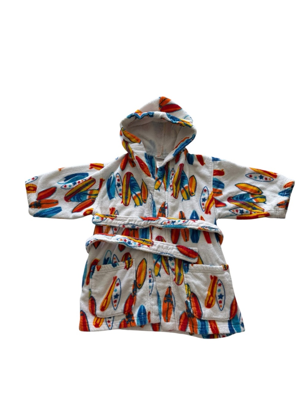 Kids Hooded Bath Robe with Colorful Surfboard Print - White